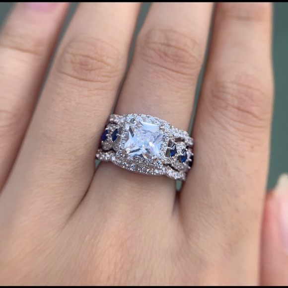 New! Princess Cut & Sapphire 3 ring 3A 6mm cz Sterling Silver Engagement Ring! - Picture 6 of 17